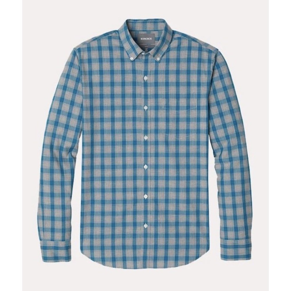 Bonobos Mens Plaid Slim Fit Long Sleeve Button Down Shirt Blue Grey Large Long